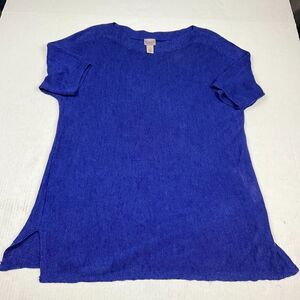 Chicos Easywear Tunic Sweater Blue Short Sleeve Boat Neck Knit Pullover 1 Medium